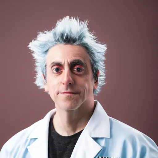 Image similar to portrait photo still of real life rick sanchez wearing a labcoat 8 k, 8 5 mm f 1. 8