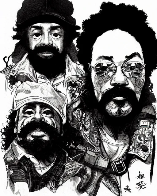 Image similar to portrait of cheech and chong, concept art, sumi - e style, intricate linework, artstation, trending, highly detailed, smooth, focus, art by yoji shinkawa,