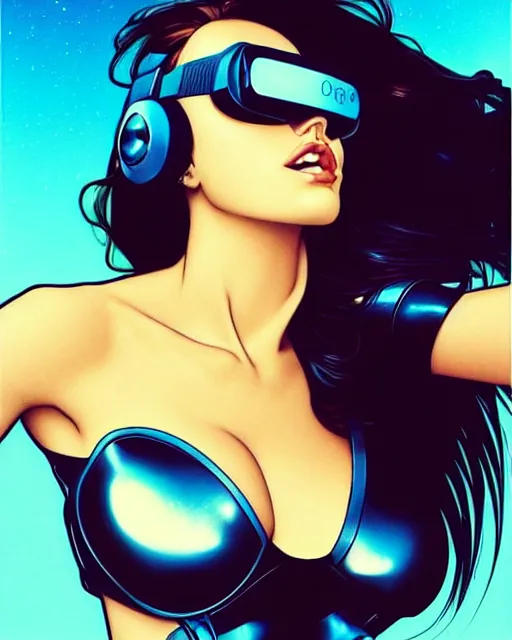 Image similar to low angle closeup very seductive megan fox retro scifi goddess pinup, vr goggles, action glamour pose, windblown dark hair, hyper detailed, digital art, studio lighting, smooth, ambient lighting, sharp focus, frank miller, wlop, anna dittmann, moebius!, alphonse mucha, patrick nagle!!!, rim lighting, synthwave