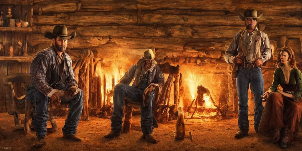 Image similar to in an old west cabin, close up shot a rugged, Dave Bautista cowboy standing ((alone)) and Mila Jovovich (((alone))) at the fireplace, in the style of Fredrick Remington, oil painting