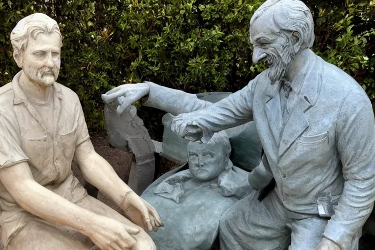 Image similar to a man who is sitting upright in a chair is touching a completed statue