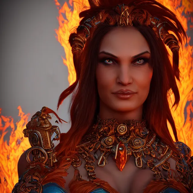 Prompt: perfectly centered close up portrait of goddess of fire, perfect human female specimen, candid photography, by anne stokes and todd mcfarlane, updo, highly detailed, unreal engine 5