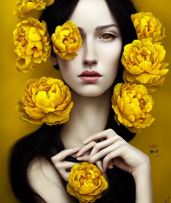 Image similar to beautiful yellow woman, symmetrical portrait, realistic, full body, black peonies, snake twist, rich details, by wlop