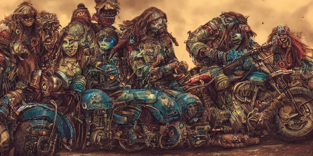 Image similar to psychedelic post apocalyptic orcish biker gang, incredibly detailed motorcycles, sharp focus, psychedelic colors, artstation, cgsociety