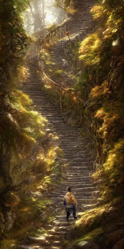 Image similar to a man walking up a steep and winding staircase, in magical woods, intricate, elegant, highly detailed, digital painting, artstation, concept art, sharp focus, beautiful illustration, by justin gerard and artgerm, 8 k