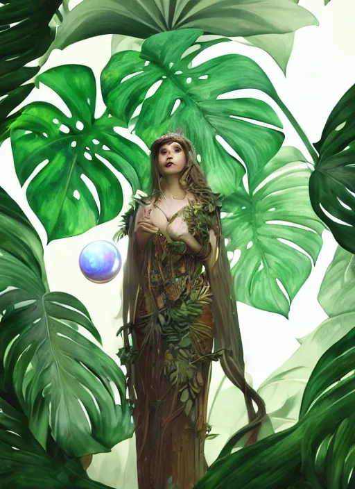 Image similar to a female druid with monstera leaf themed clothing, fully clothed, monstera leaves in the background, holding a glowing orb of leaves, volumetric lighting, D&D, fantasy, intricate, cinematic lighting, highly detailed, digital painting, artstation, concept art, smooth, sharp focus, illustration, art by Artgerm and Greg Rutkowski and Alphonse Mucha