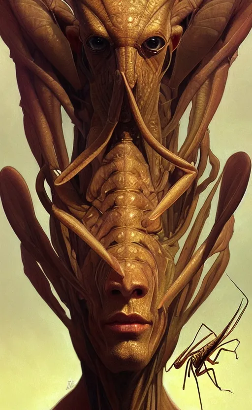 Image similar to portrait of an insectoid man, praying mantis human, concept art, deep focus, fantasy, intricate, highly detailed, digital painting, artstation, matte, sharp focus, illustration, art by artgerm and greg rutkowski and alphonse mucha