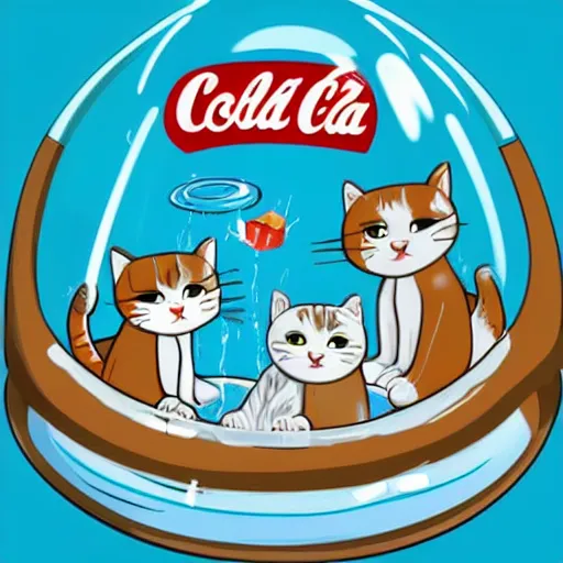 Prompt: cats having a pool party in a giant bottle of cola, wearing inflatable rings for swimming, where the pool is cola | cartoon | simplified