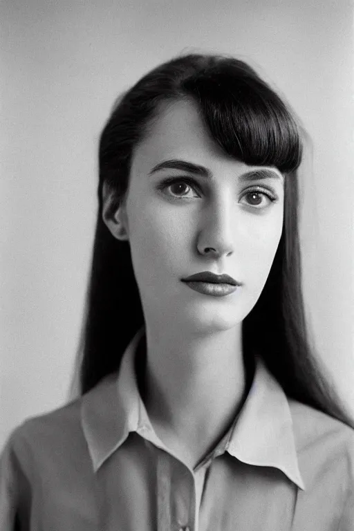 Prompt: “ gorgeous brunette model close up wearing shirt and skirt, 1 9 6 0 ’ s fashion, 1 5 0 mm f 2. 8, face shot, hasselblad, photo by brian ingram, david lazar, lisa kristine, steve mccurry, high quality, symmetrical face, clear skin, 4 k ”