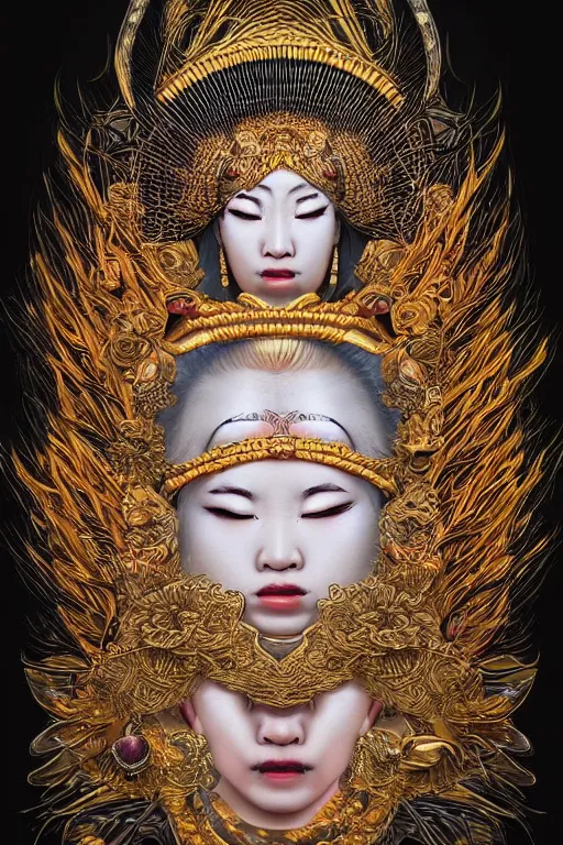 Image similar to hyper realistic portrait photo of ameterasu the sun goddess of japan, portrait shot, intricate detail