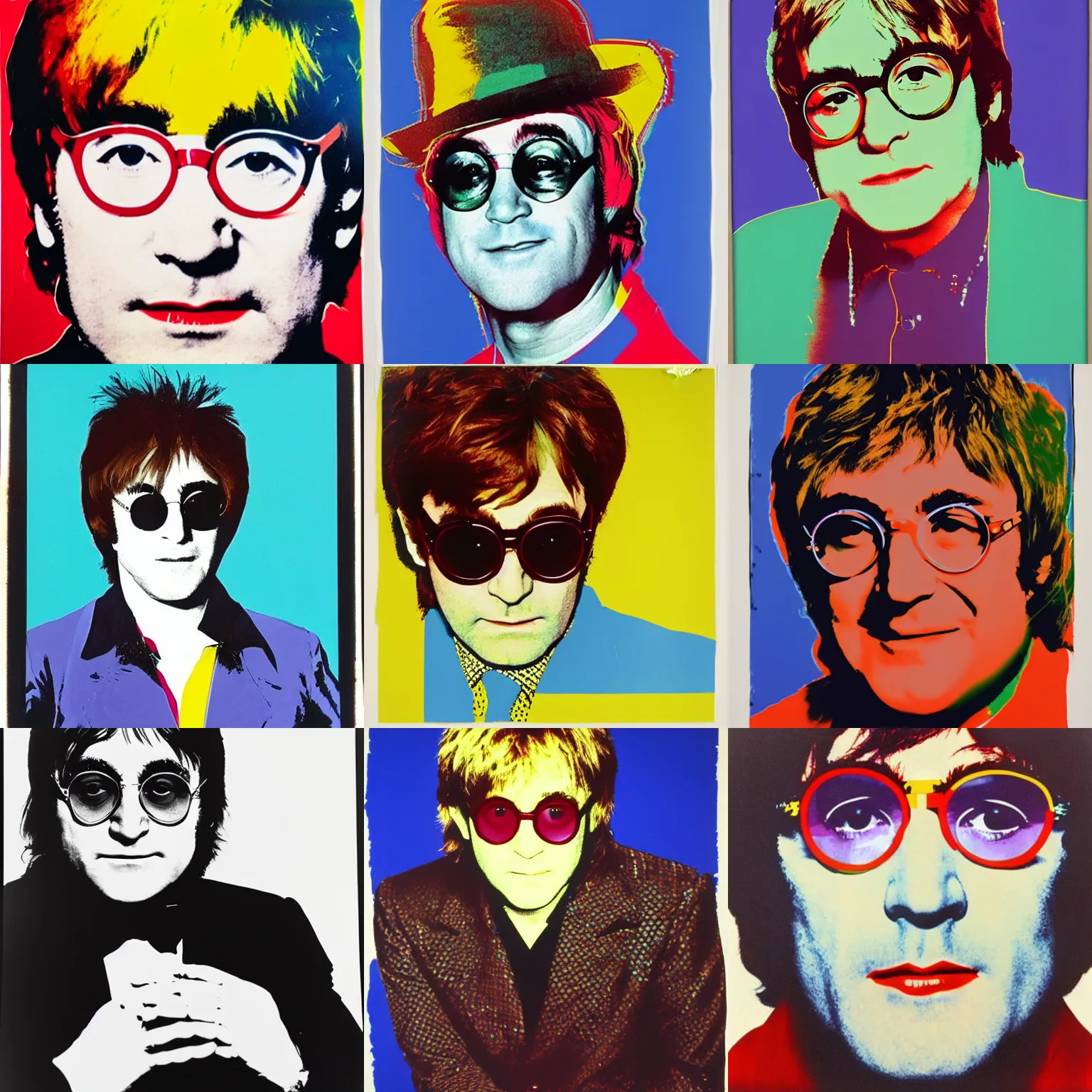 Prompt: Portrait of Elton John Lennon in 1970 by Andy Warhol-H 768