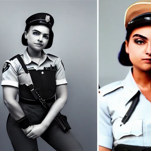 Prompt: a real human young policewoman, her photo inspired design of judy hopps, photographed by annie leibovitz