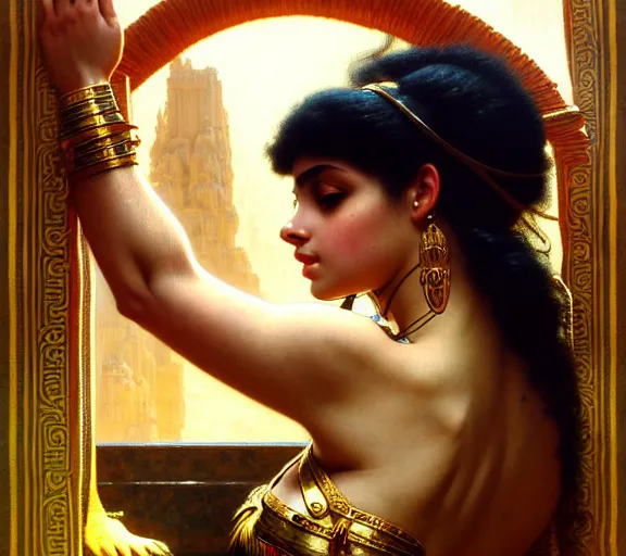 Image similar to photography of sensual cleopatra with hands - up and hairy armpits, deep focus, intricate, elegant, highly detailed, digital painting, artstation, concept art, matte, sharp focus, illustration, art by artgerm and greg rutkowski and alphonse mucha and gil elvgren