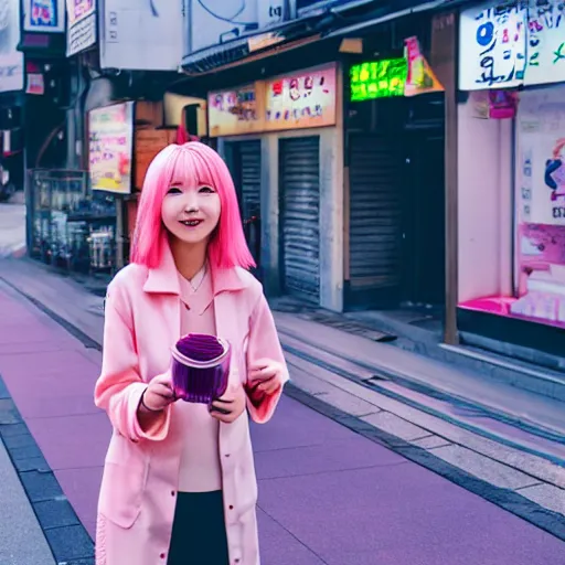 Prompt: korean anime girl with pink hair walking in seoul, drinking boba drink at night