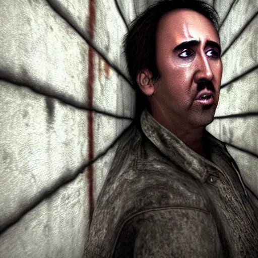 Prompt: nicolas cage hiding behind a corner in silent hill