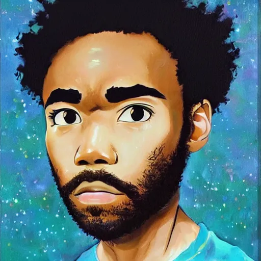 Image similar to donald glover with curly hair, painting on a canvas, anime style, studio ghibli, contemplative, beautiful, surreal, detailed, dreamy