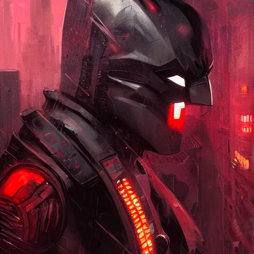 Image similar to cyberpunk batman with fullface mask, red bat logo, wide shot, moody, futuristic, city background, brush strokes, oil painting, greg rutkowski