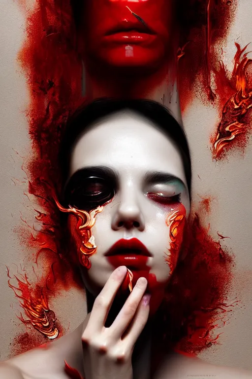 Prompt: 3 d, crying fashion model black eyes, flame, liquid black and red water, morning, vogue cover style, poster art, high detail, intricate oil painting, multiple exposure, heaven mood, hyperrealism, 3 d, by tooth wu and wlop and beeple and greg rutkowski