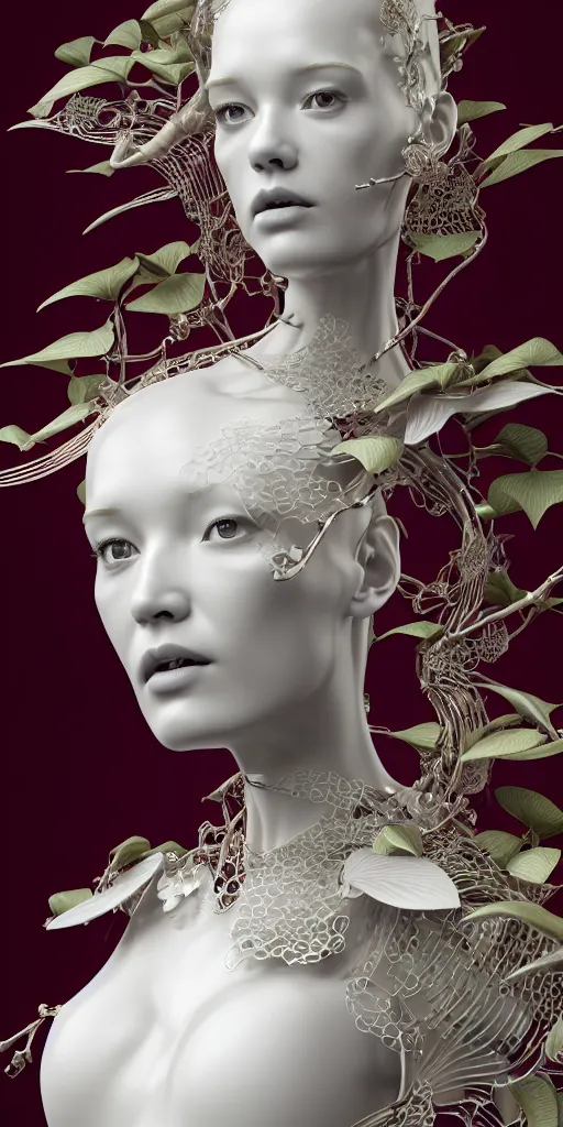 Prompt: complex 3d render ultra detailed of a beautiful porcelain profile woman face, mechanical vegetal cyborg, robotic parts, 150 mm, beautiful studio soft light, 3 point lighting, spot light, rim light, silver gold red details, luxurious, high tech gadget, cyberpunk, magnolia big filigran leaves and stems, roots, Alexander Mcqueen haute couture, fine foliage lace, mesh wire, filigran metallic intricate details, hyperrealistic, mandelbrot fractal, anatomical, silver metal armor, facial muscles, cable electric wires, microchip, elegant, white background, beautiful white teeth, octane render, H.R. Giger style, 8k