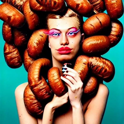 Image similar to a portrait of a beautiful fashion model that curls her hair using hot dogs. surreal photograph, toiletpaper magazine, 3 5 mm photograph, colourful, by pierpaolo ferrari, maurizio cattelan