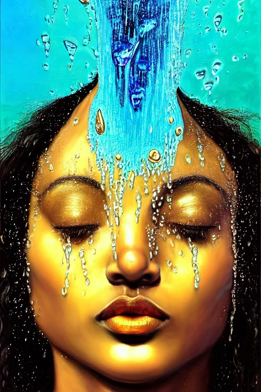 Image similar to hyperrealistic precisionist cinematic profile very expressive! oshun goddess, in water! john everett millais, mirror dripping droplet!, gold flowers, highly detailed face, digital art masterpiece, smooth eric zener cam de leon, dramatic pearlescent turquoise light on one side, low angle uhd 8 k, shallow depth of field