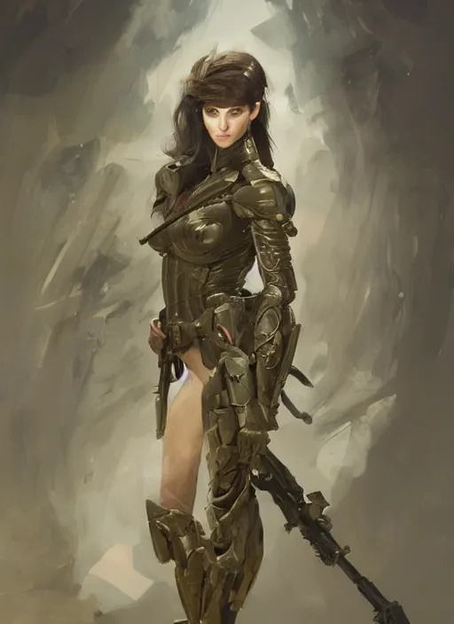 Image similar to a professional painting of a beautiful young female, clothed in military armor, olive skin, long dark hair, beautiful bone structure, symmetrical facial features, intricate, elegant, digital painting, concept art, smooth, sharp focus, illustration, from Metal Gear, by Ruan Jia and Mandy Jurgens and Artgerm and William-Adolphe Bouguerea