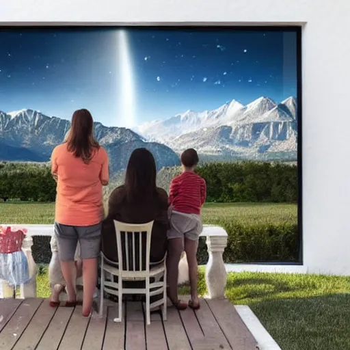Image similar to A family on their front porch watching the explosive impact of a meteorite into the distant mountains. Comet, Meteor, apocalypse, shockwave, total and absolute destruction