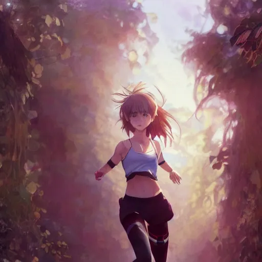 Prompt: a girl is running, sport clothing, anime style, short hair, hair down, symmetrical facial features, from arknights, hyper realistic, highly detailed, rule of thirds, extreme detail, detailed drawing, trending artstation, realistic lighting, shoulder eyes, by alphonse mucha, greg rutkowski, sharp focus, backlit, real faces, realistic anatomy