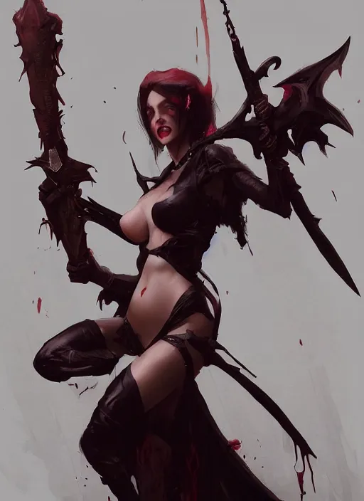 Prompt: sexy vampire succubus with a weapon, Greg Rutkowski, trending on artstation,