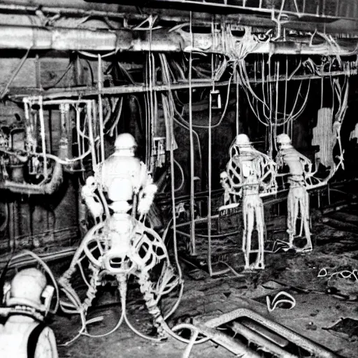 Prompt: old black and white photo, 1 9 1 3, depicting biomechanical aliens inside vats in a derelict tech lab, technicians in hazmat suits, historical record