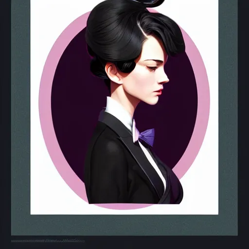 Image similar to aristocrat young female in black tuxedo, scornful, disdainful, muted colors, matte print, pastel colors, 2d, ultra highly detailed, smooth, sharp focus, digital art, digital painting, fan art, elegant, artstation, head is centered, by Ilya Kuvshinov