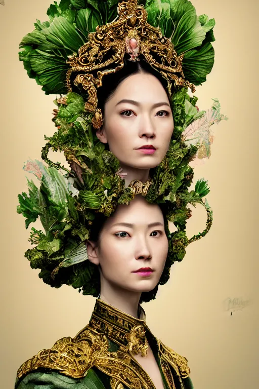 Image similar to a beautiful empress portrait, with a brilliant, impossible striking big salad headpiece, clothes entirely made out of salad, everything salad, symmetrical, dramatic studio lighting, rococo, baroque, greens, asian, hyperrealism, closeup, D&D, fantasy, intricate, elegant, highly detailed, digital painting, artstation, octane render, 8k, concept art, matte, sharp focus, illustration, art by Artgerm and Greg Rutkowski and Alphonse Mucha