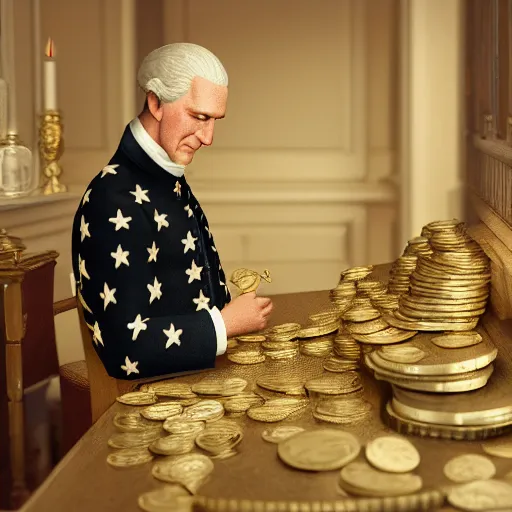 Image similar to a closeup photorealistic photograph of a happy George Washington inspecting small gold Doubloon coins at his home on Cherry Street. This 4K HD image is Trending on Artstation, featured on Behance, well-rendered, extra crisp, features intricate detail and the style of Unreal Engine.