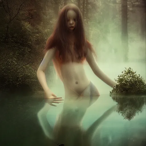 Prompt: forest girl child in a lake by ross tran, natural, fantasy, fog, artwork