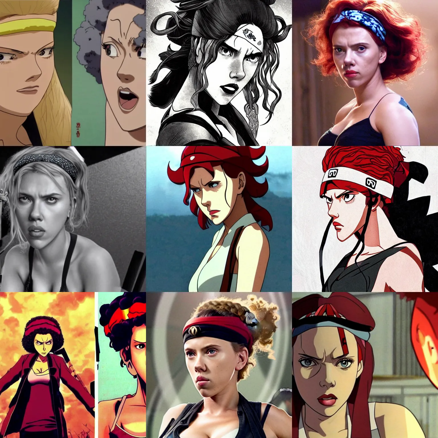 Prompt: scarlett johansson with angry expression, wearing the number 1 headband in afro samurai anime