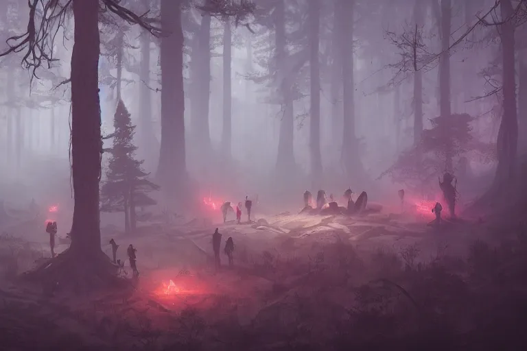 Image similar to Isometric dark forest with monsters, pastel colors, highly detailed, octane render, psychedelic, trending on artstation, by Greg Rutkowski