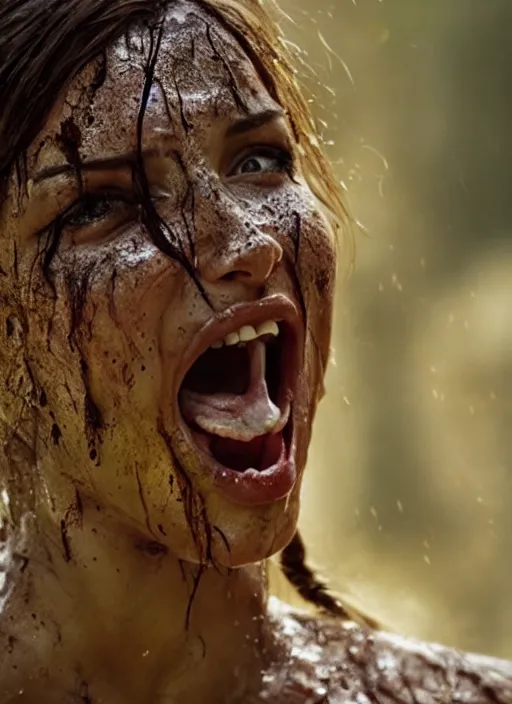 Image similar to a film still of lara croft screaming, her face muddy and sweat, direct sun light, close up potrait, cinematic,