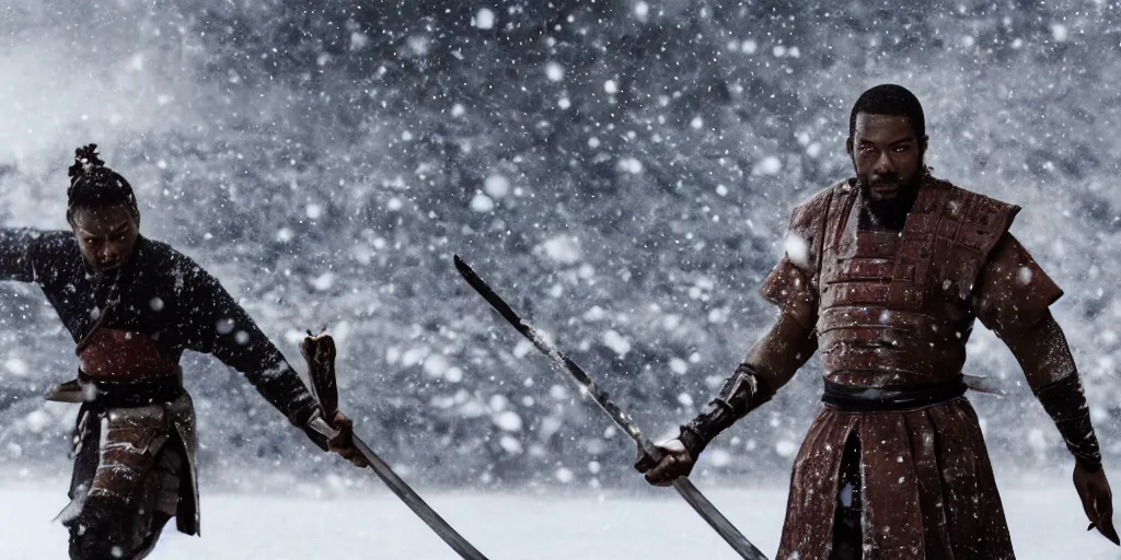 Image similar to a film still of a black man starring in a japanese blockbuster film as ancient samurai, having an intense sword fight in the snow, shallow depth of field, cinematic, award winning cgi, vfx, film still