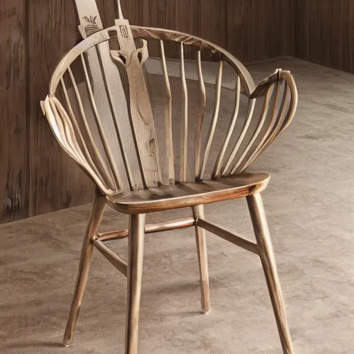 Prompt: cad image of a wooden chair with three cross - spokes and six back - irons, from a furniture magazine, with label and price tag