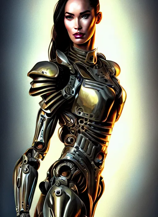 Prompt: portrait of a beautiful female soldier from the future wearing biomechanical armor, megan fox, carrying a rifle, intricate, elegant, glowing lights in armor, highly detailed, digital painting, artstation, glamor pose, concept art, smooth, sharp focus, illustration, epic angle, art by artgerm and greg rutkowski, artey freytag, alvin schwartz