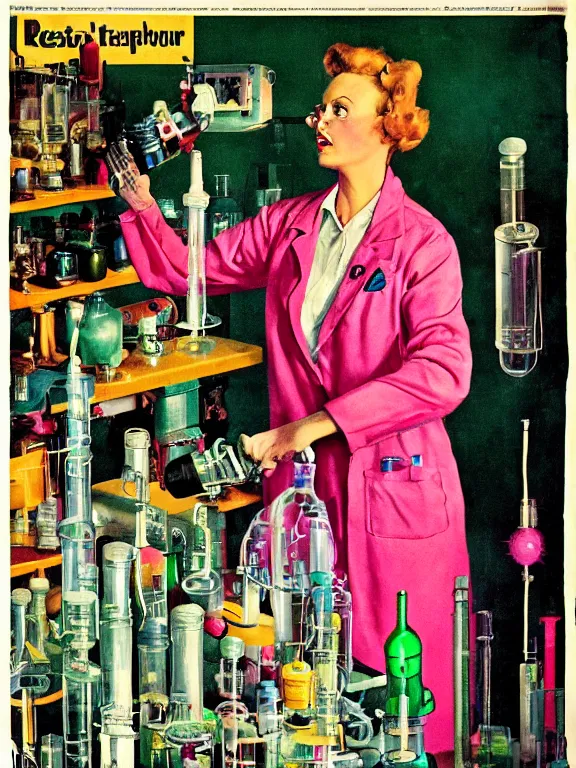 Prompt: a female mad scientist in a lab coat building a partially - built!!! retro!!! robot!!!, in a darkly lit laboratory room surrounded by test tubes and jars, 1 9 5 0 s horror film movie poster style, ( norman rockwell oil painting ), retro vintage, saturated pink and green lighting, shadowy lighting