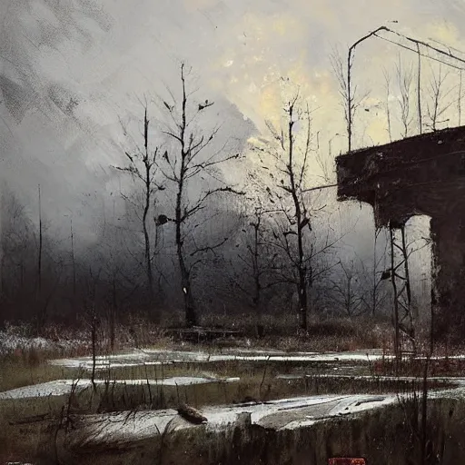 Image similar to painting by jakub rozalski of post abandoned soviet city