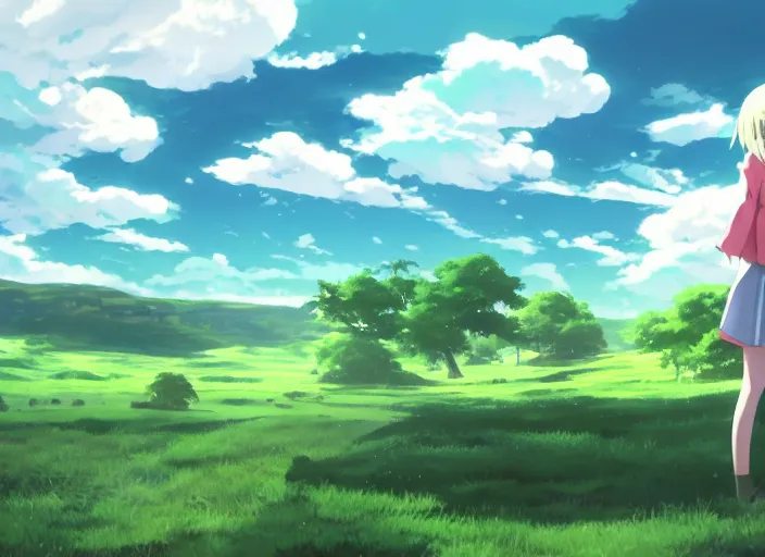 Image similar to illustration of a wide shot green hills with clouds in the background, cute anime girl with platinum blonde hair and big eyes in foreground, anime key visual, official media, illustrated by wlop, extremely detailed, 8 k, trending on pixiv, cinematic lighting, beautiful