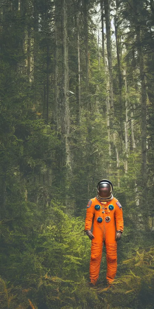 Prompt: american astronaut in orange suite, in the forest plants environment wide angle cinematic lighting atmospheric realistic octane render highly detailed in th