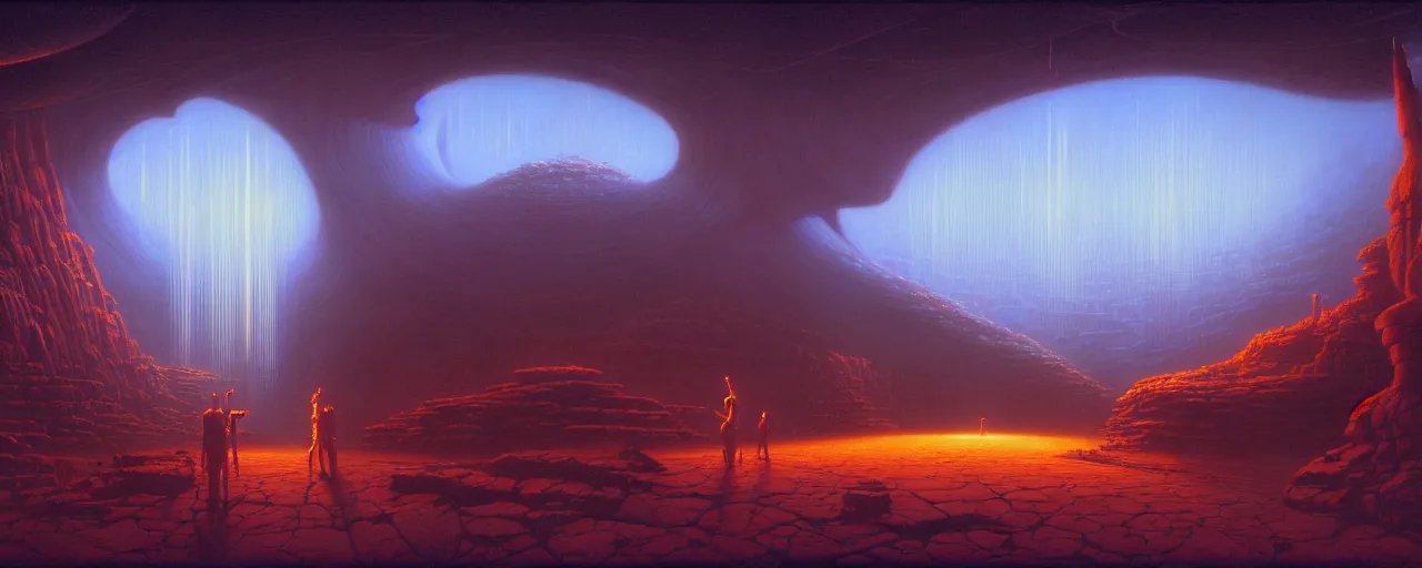 Prompt: cinematic view of a retro scifi cave, futuristic, desaturated, tim hildebrandt, wayne barlowe, bruce pennington, donato giancola, larry elmore, oil on canvas, masterpiece, trending on artstation, featured on pixiv, cinematic composition, dramatic, beautiful lighting, sharp, details, hyper - detailed, hd, hdr, 4 k, 8 k