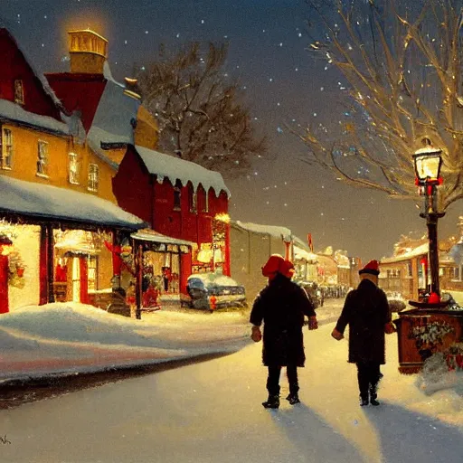 Prompt: painting of Snowy small town during Christmastime, quaint, twinkle lights, Norman Rockwell style, Greg Rutoski, oil on canvas, highly detailed