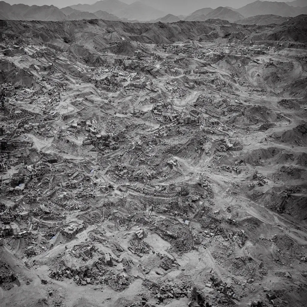 Image similar to mining tailings burying the city of chuquicamata, drawing by piranesi, composition, cinematic, rule, grid