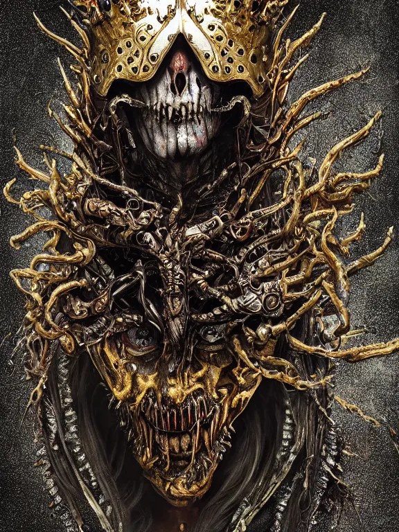 Prompt: portrait art of 8k ultra realistic undead eldritch horror corrupted vampire king, ornate gold crown , detailed intricate ornate armour,decaying, cybernetic, full of colour, cinematic lighting, battered, trending on artstation, 4k, hyperrealistic, focused, extreme details,unreal engine 5, cinematic, masterpiece, art by ayami kojima, giger