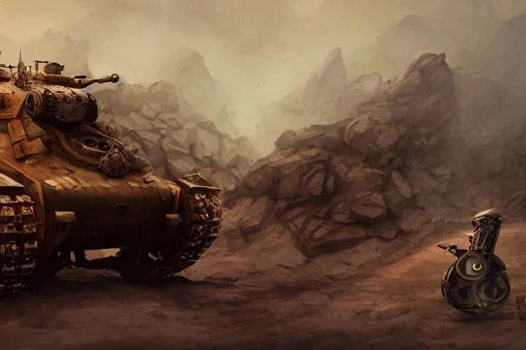 Image similar to a steam powered robot army tank, out in the rocky desert, fantasy, dark, steam punk , sand storm, artstation, concept art, smooth, sharp focus, illustration,