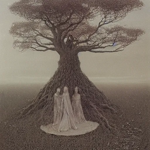 Prompt: Adam and Even dressed in Victorian dresses hug under the Tree of Life, by Beksinski and Greg Rutkowski
